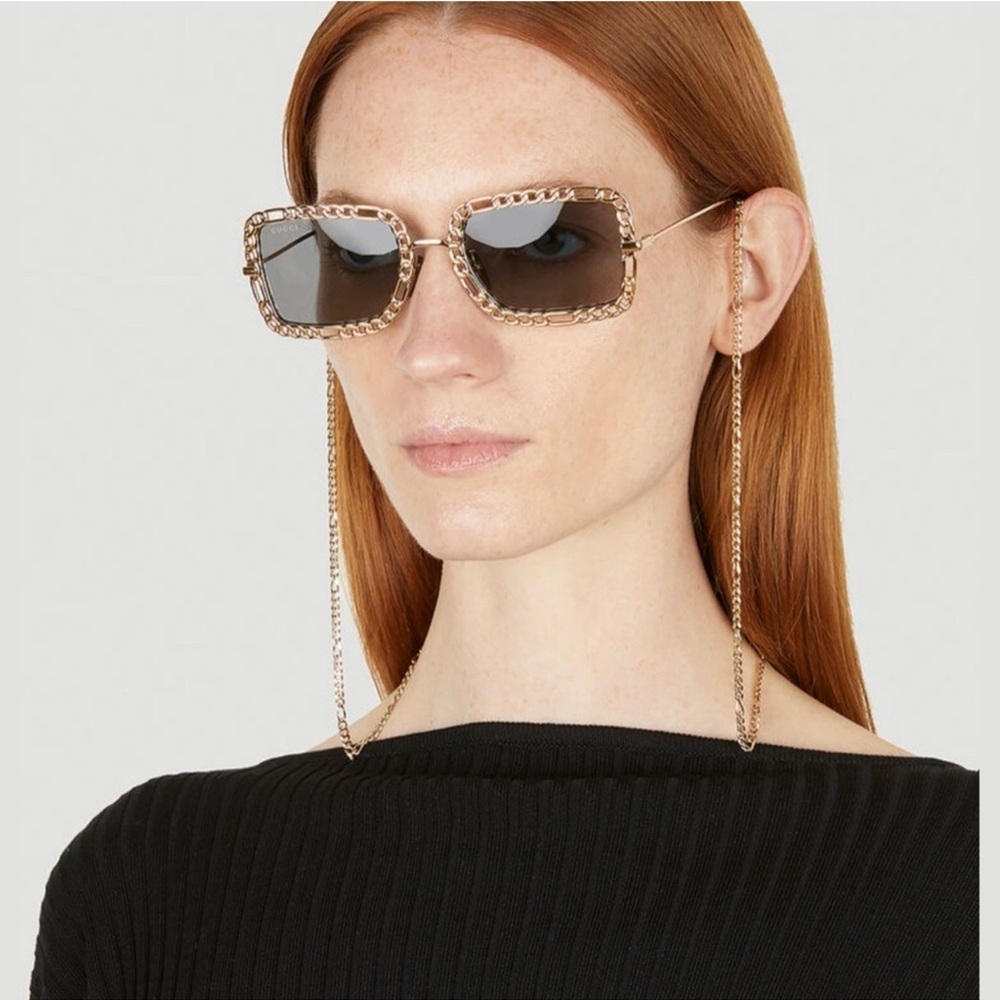 Gucci Gold Chain Rectangle Metal Sunglasses with Chain
